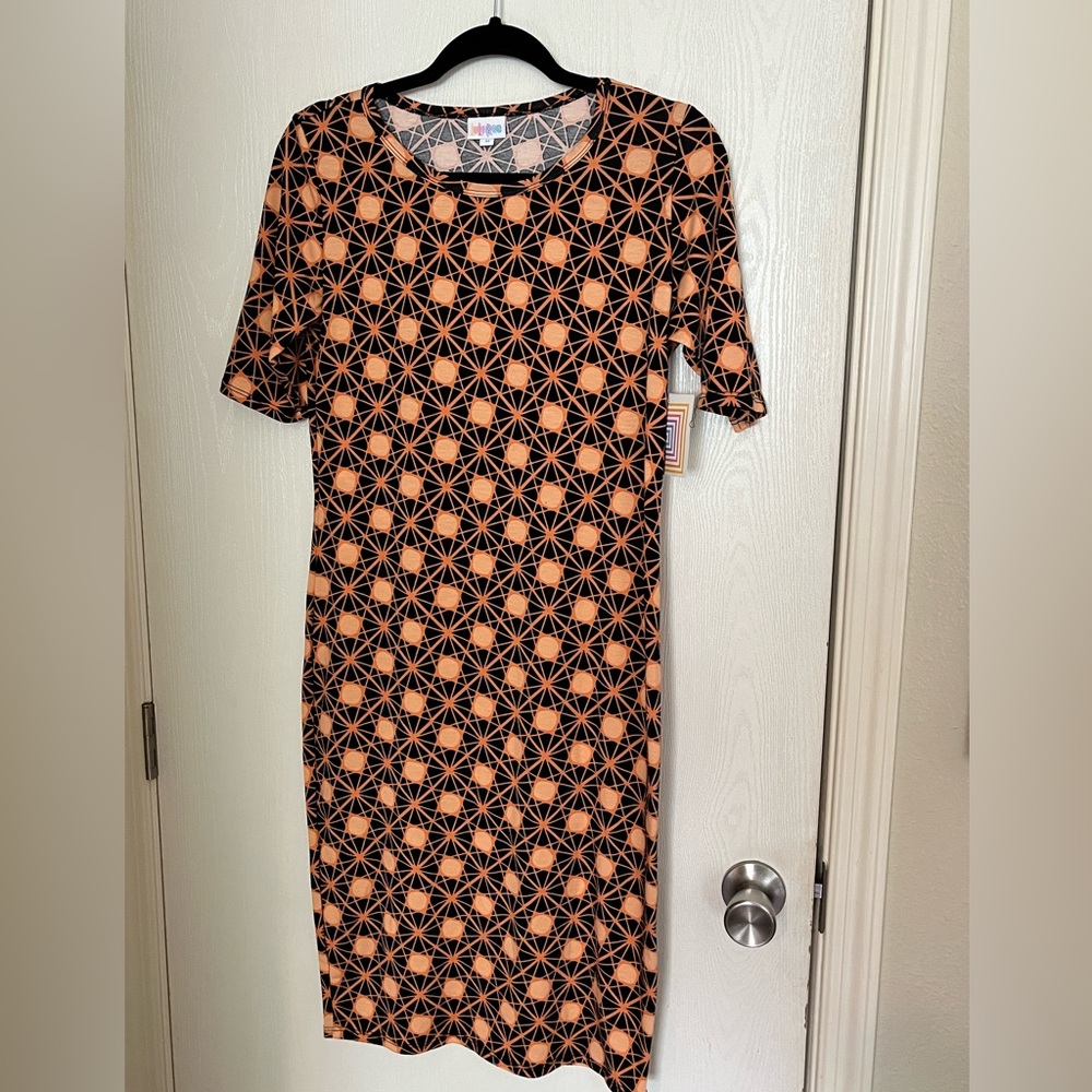 NWT Lularoe Julia dress size medium. Orange and black color print